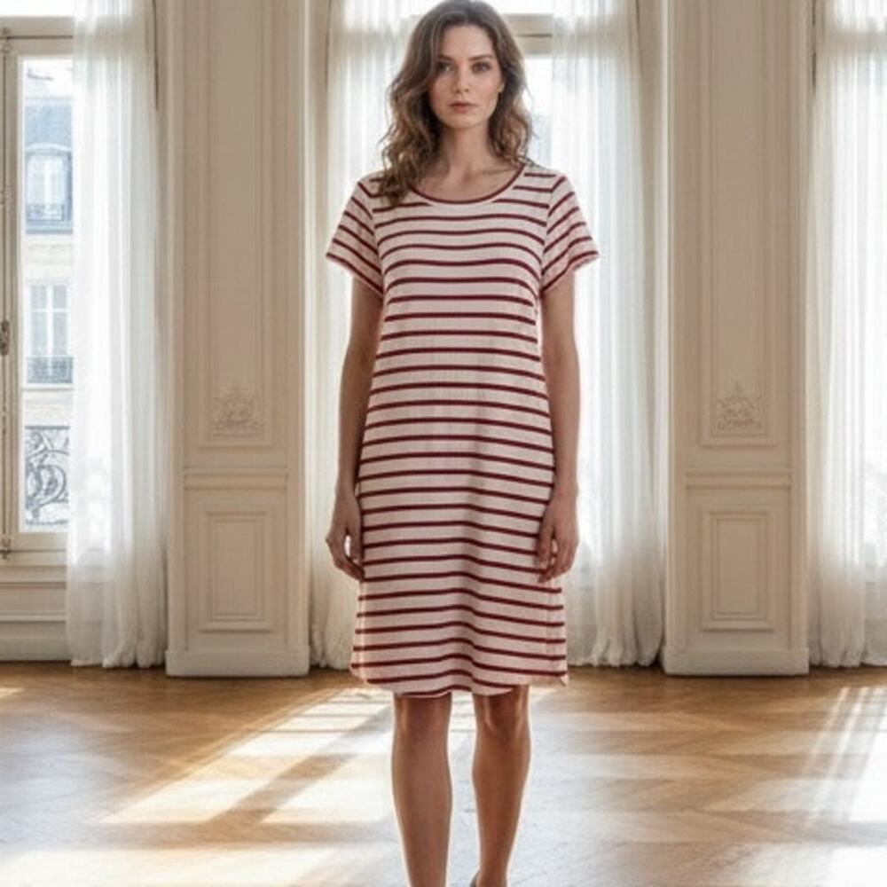 Maeve Red White Stripe Rochelle Short Sleeve Knit Shift Dress Medium